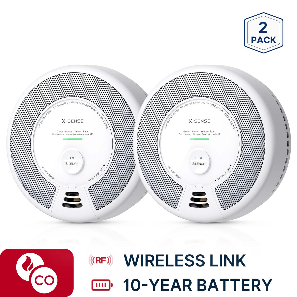 X-SENSE - 10-Year Battery Wireless Interconnected Smoke and Carbon Monoxide Detector with Photoelectric Sensor 2 Pack - White