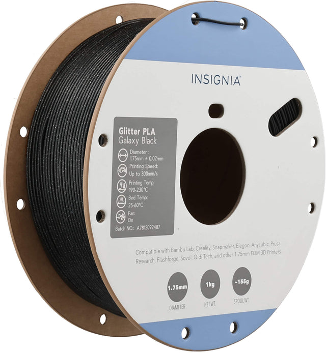 INSIGNIA Glitter PLA Galaxy Black  
Diameter: 1.75mm ± 0.02mm  
Printing Speed: Up to 300mm/s  
Printing Temp: 190-230°C  
Bed Temp: 25-60°C  
Fan: On  
Batch NO.: A7812092487  

Compatible with Bambu 3D Printers, Anycubic, Prusa Lab, Creality, Snapmaker, Elegoo, Sovol, Qidi Tech, Research, Flashforge, and other 1.75mm FDM 3D Printers  

1.75mm  
1kg -155g  
DIAMETER NET WT.  
SPOOL WT.