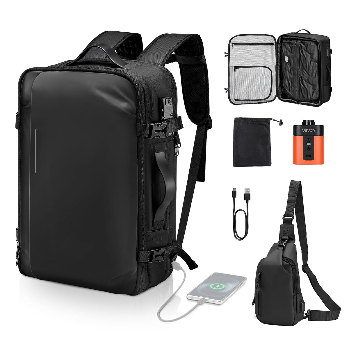 VEVOR - Vacuum Travel Backpack, 65L, Expandable Vacuum Seal Compression Travel Backpack with Pump, with TSA-Approved Lock - Black