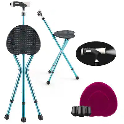 GOPLUS - Adjustable Folding Cane Seat Stool Aluminum Alloy Crutch Chair