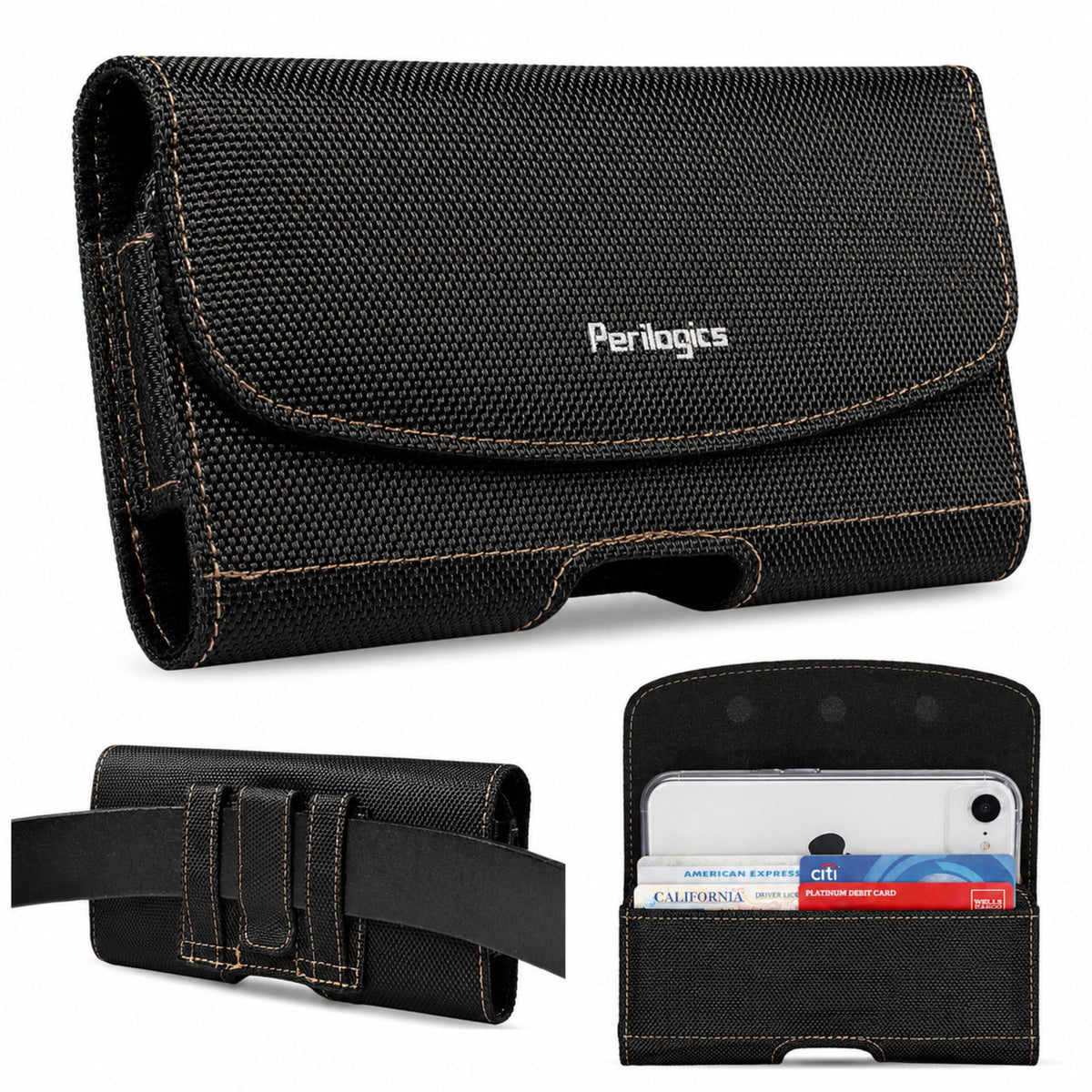 Perilogics - Universal Phone Holster – Durable Nylon Belt Clip Pouch with Magnetic Closure for Small Smartphones with Protective Case - Black