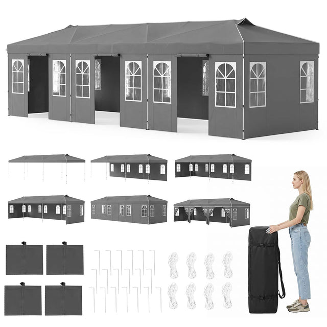 Front. Costway - Costway 10 x 30 FT Pop Up Canopy Tent with 8 Sidewalls Adjustable Height Reflective Strips - Gray.