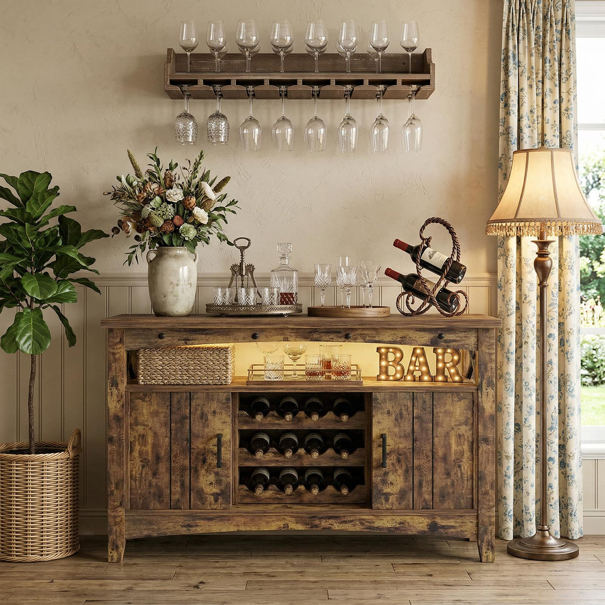 Aheaplus - Farmhouse Coffee Bar Cabinet with Charging Station, LED Lights & Movable Wine Rack - Brown