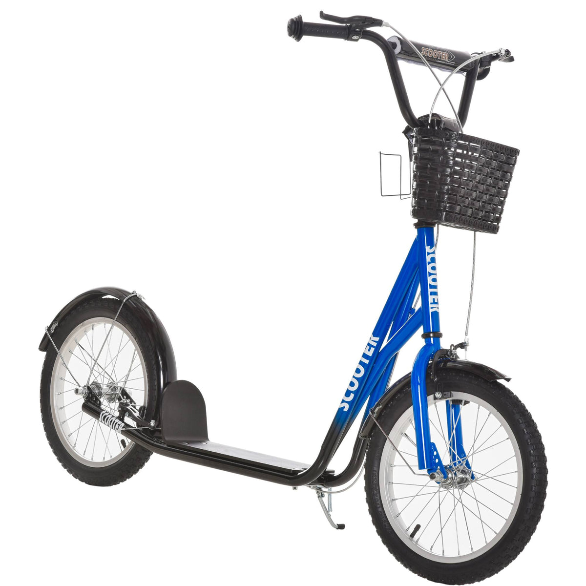 Aosom - Youth Scooter, Kick Scooter with Adjustable Handlebars, Double Brakes, 16" Inflatable Rubber Tires, Basket, Cupholder - Blue