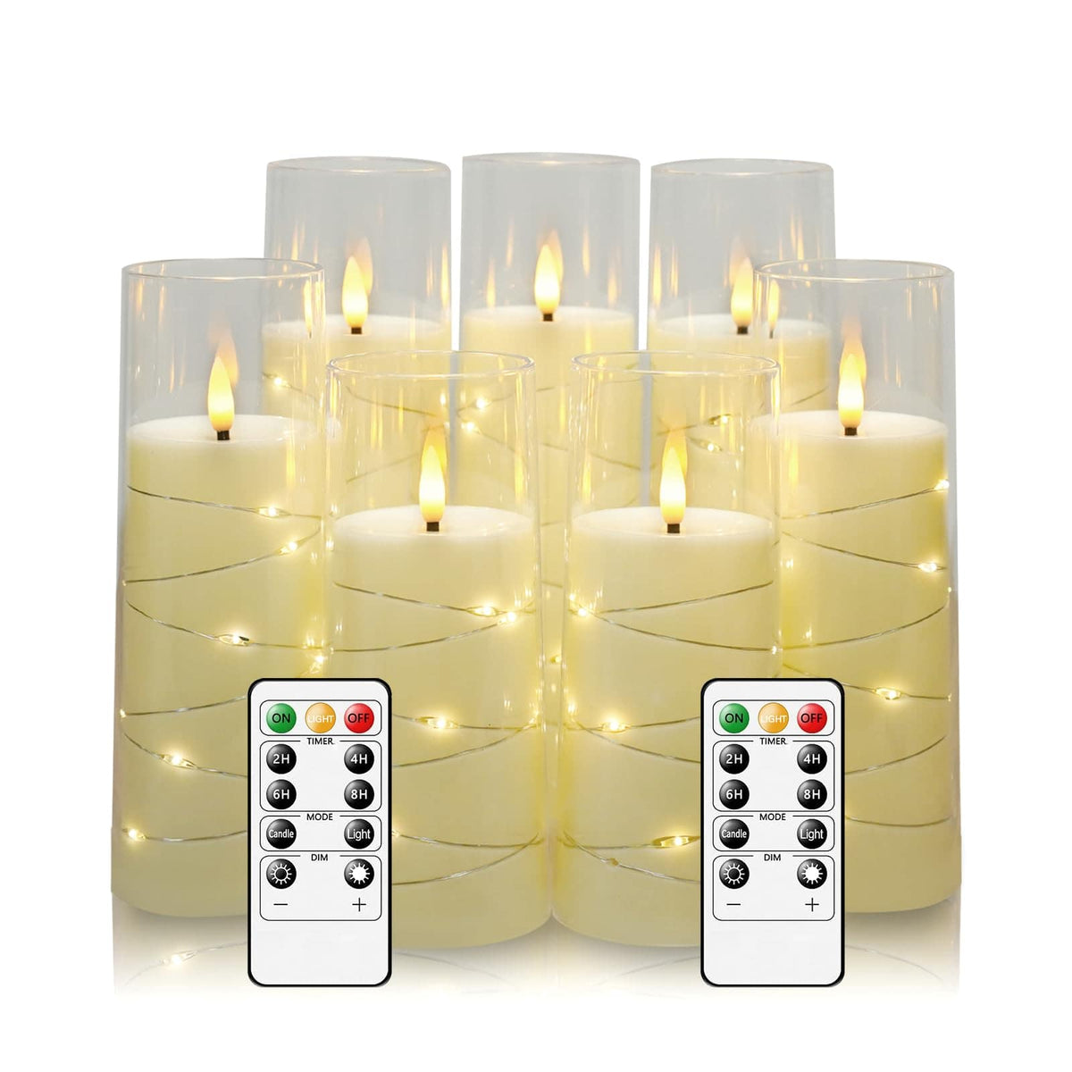 Dazzed Corner - Flameless LED Candles with Embedded Star String, Set of 7 Battery Operated Pillar Candles with Timer and Remote Control - Ivory