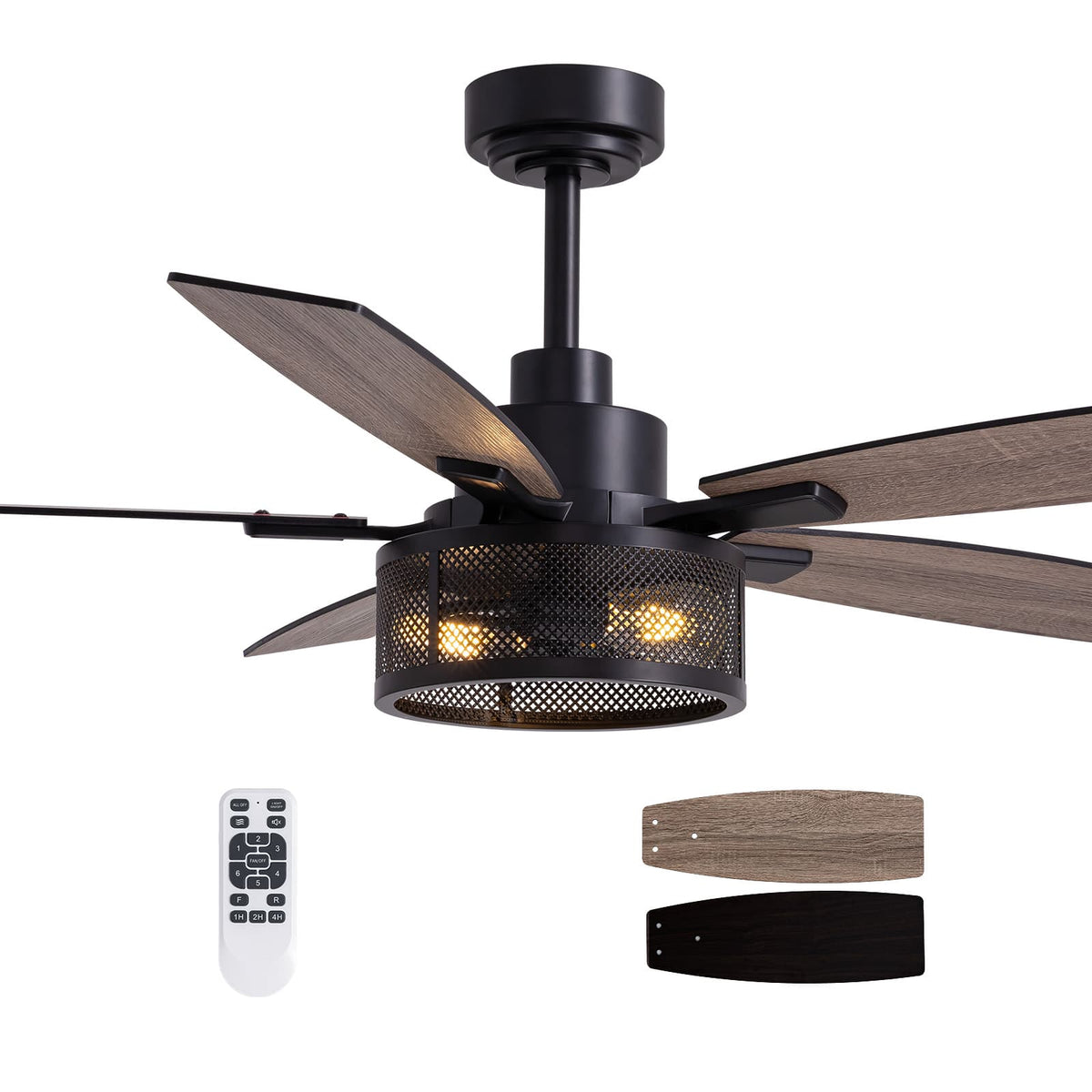 Siljoy - 52-in Indoor Matte Layered Caged Ceiling Fan with Light Kit Reversible Blades and Remote Included - Black
