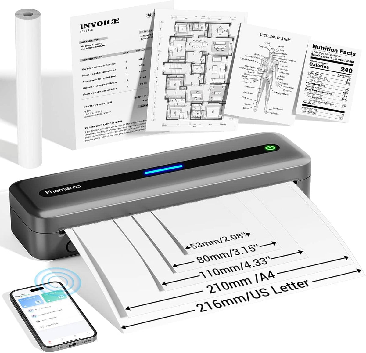 Phomemo - M832 Portable Bluetooth Wireless Printer for Travel, Home, Truck Printer, Support Letter Size Paper - Grey - Gray