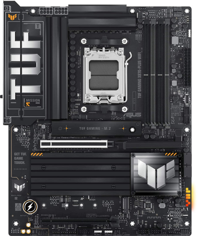 The text on the image reads: "Get TUF. Game Tough." This is likely a marketing slogan for the TUF Gaming motherboard, which is designed for gaming and tough performance. The motherboard is compatible with AMD Ryzen processors and features an LGA1718 socket, making it suitable for high-performance gaming systems.