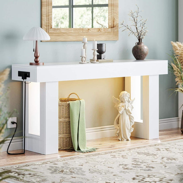 Front. Aheaplus - 63'' Console Table with Power Outlets and Sensor Lights for Living Room, Entryway, Hallway - White.