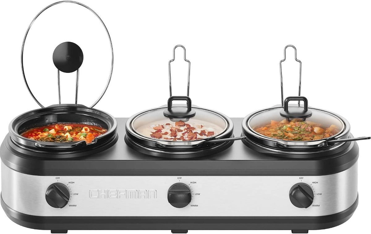 Chefman - Triple Slow Cooker & Buffet Server, Three 2.5-Quart PFAS-Free Inserts – - Stainless Steel