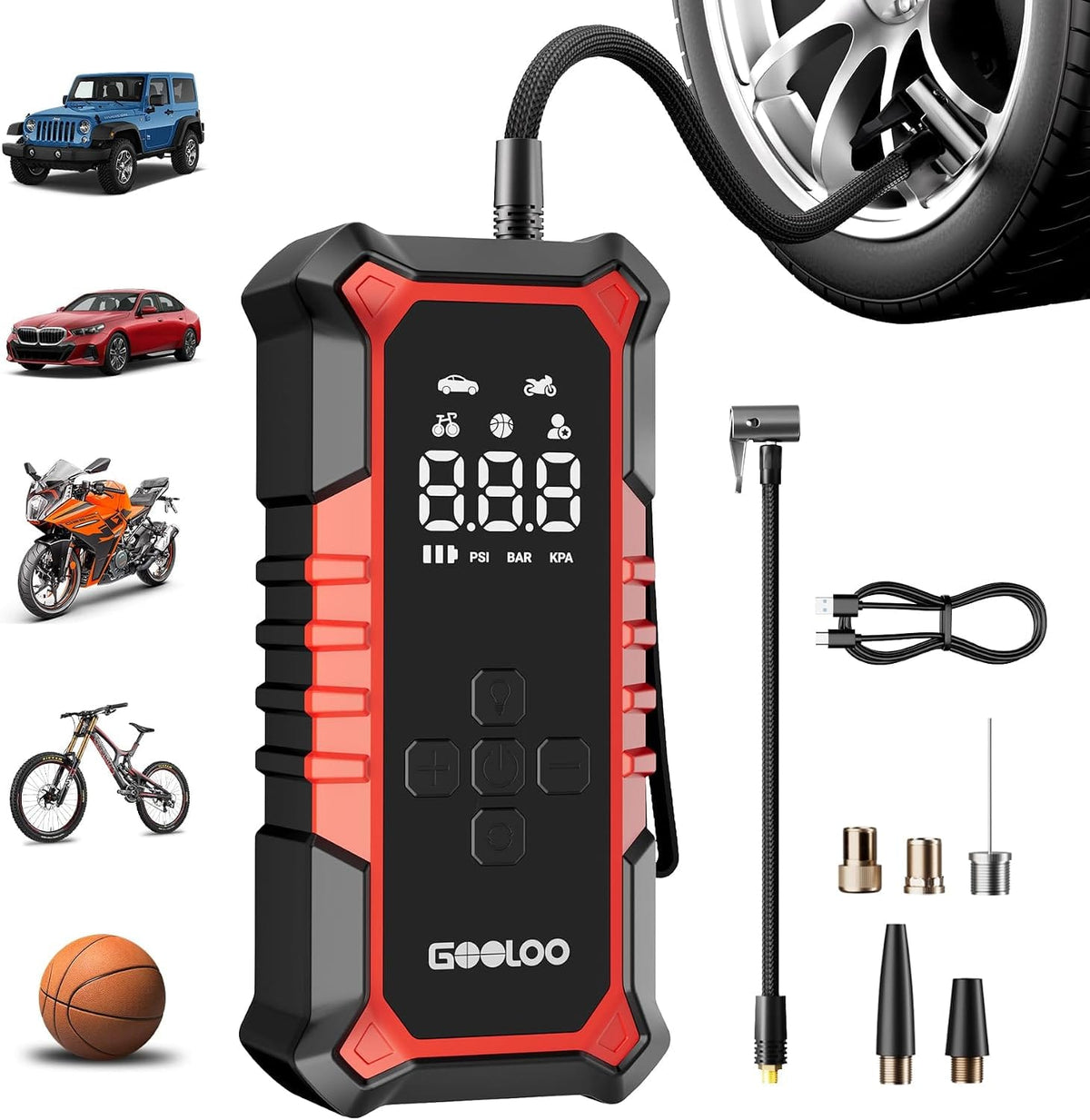 GOOLOO - A6 Gear 160PSI Cordless Tire Inflator 7500mAh Portable Air Pump with LED Flashlight - Black