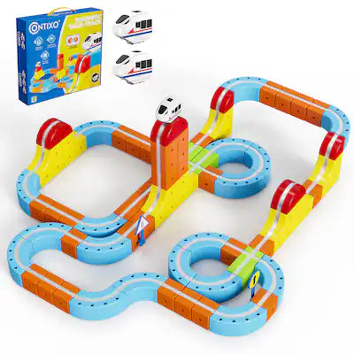 Contixo - 150-Piece STEM Magnetic Train Track Set with 2 Motorized USB Rechargeable Trains & Vertical Climbing