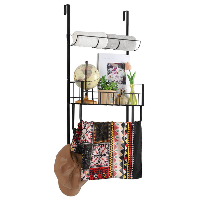 Front. Oumilen - Matte Black Over Door Metal Towel & Bathroom Storage Organizer Rack - Black.