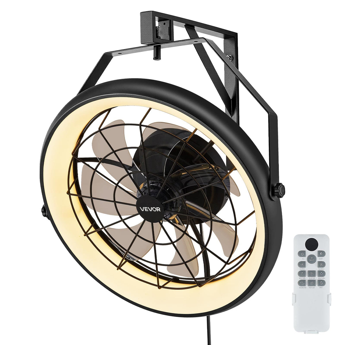 VEVOR - Wall Mounted Fan with Lights, 22 inch Wall Mount Fan with Remote, 6 Speeds Plug in Wall Fan, Reversible - Black
