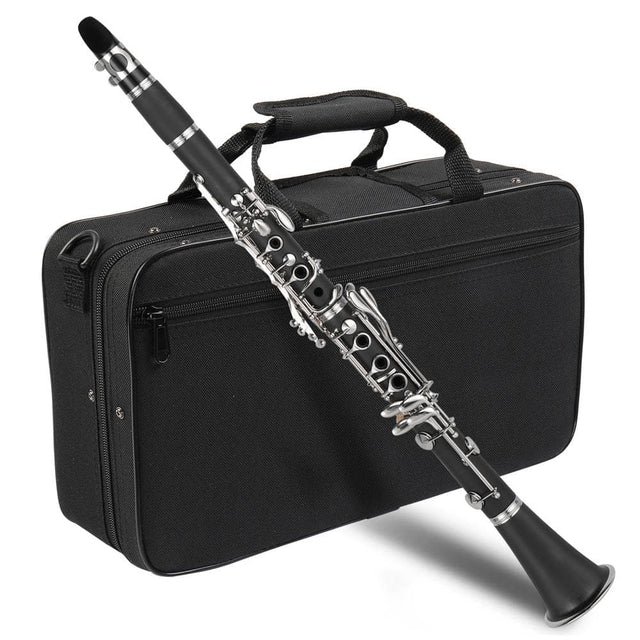 Front. Winado - Bb Flat Clarinet Mid-range Bakelite Beginner & Student Clarinet, Nickel-Plated 17 Keys B Tone Clarinets with Hard Case.