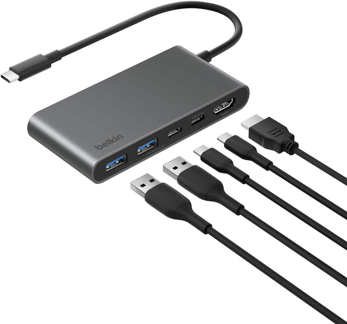 Belkin - 5-Port Hub w/ 4K HDMI Display with 60Hz, 100W Power Delivery, Fast Data Transfer 5Gbps, USB-C Multiport Adapter - Space Gray