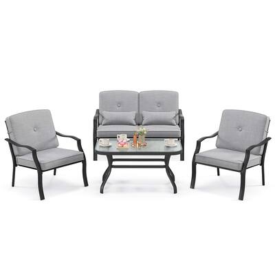 Costway - 4 PCS Patio Furniture Set Outdoor Conversation Sofa Tempered Glass Table