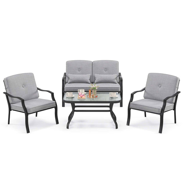 Front. Costway - Costway 4 PCS Patio Furniture Set Outdoor Conversation Sofa Tempered Glass Table - Grey.