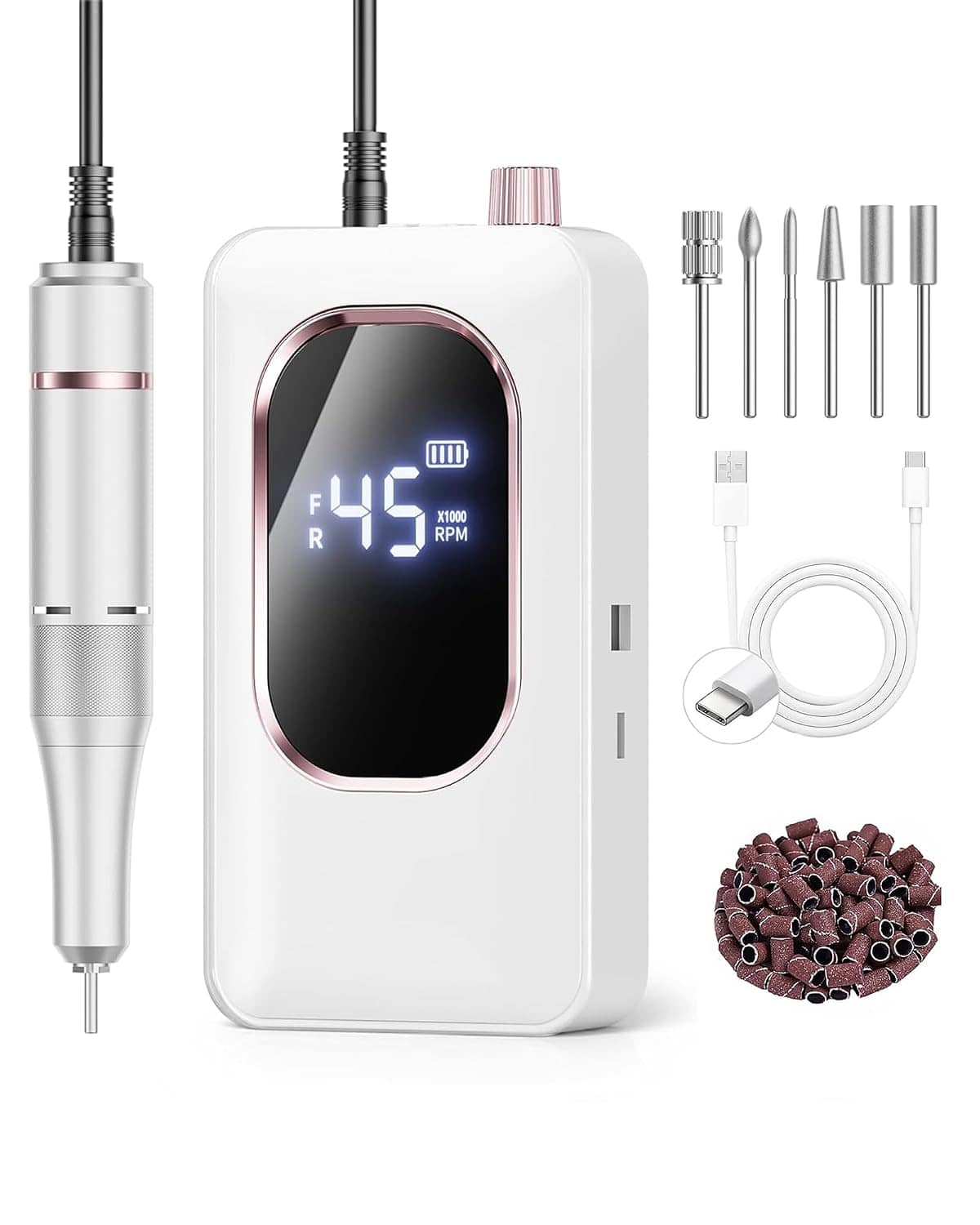 PRIMEPLUS - Professional Electric Nail Drill 45000RPM with LCD Display and 6 Bits - White