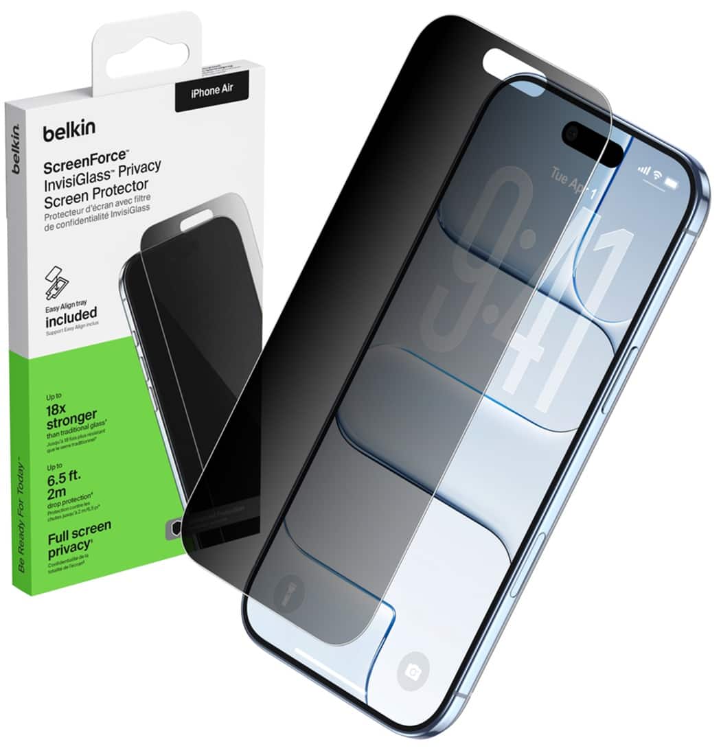 Belkin - ScreenForce InvisiGlass Privacy Screen Protector for iPhone Air, Scratch-Resistant Impact Protection w/ Easy Align Tray - Black