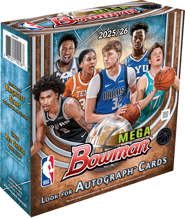 UBA Bommian 0 202506 NBA ESIT 2025/26 8 87521 2 15558 3 YU S P chime FEATURING THE BRIGHTEST STARS FROM THE NBA AND COLLEGE MEGA BOWMAN AUTOGRAPH CARDS 2025/26

CHASE RED SHIELD Rookie Cards

LOOK FOR AUTOGRAPH CARDS

7 CARDS PER PACK

40 PACKS PER BOX

NBA

May contain redemption cards with expiration dates. (A) PURCHASE NECESSARY. VISIT TOPPS.COM/NBA FOR DETAILS AND ENTRY.

2025/26

FEATURING THE BRIGHTEST STARS FROM THE NBA AND COLLEGE

CHASE RED SHIELD Rookie Cards

7 CARDS PER PACK

40 PACKS PER BOX

N