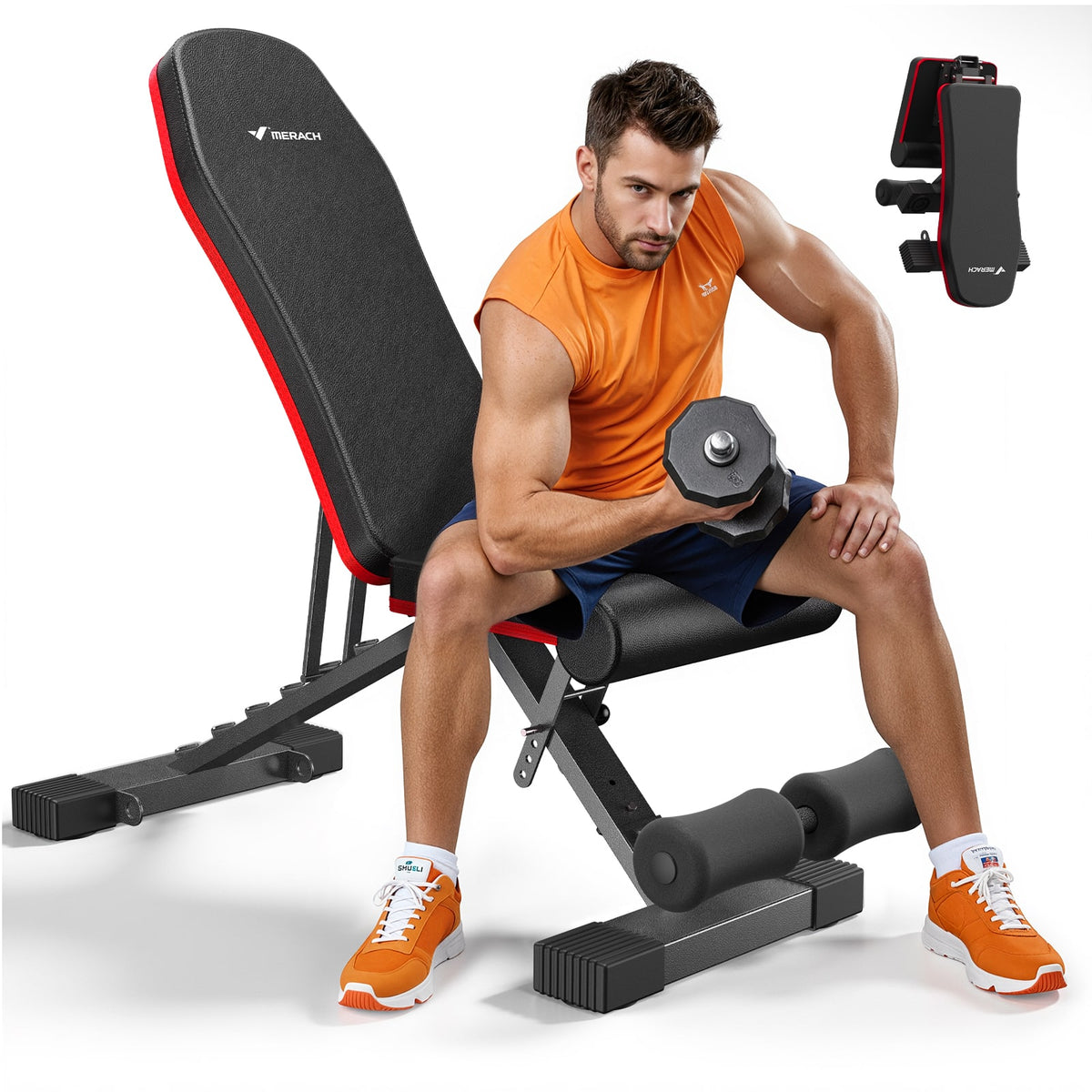 MERACH - Adjustable Weight Bench, 990 lbs Capacity, 72 Training Positions, Foldable Design, 90% Pre-Assembled - Red