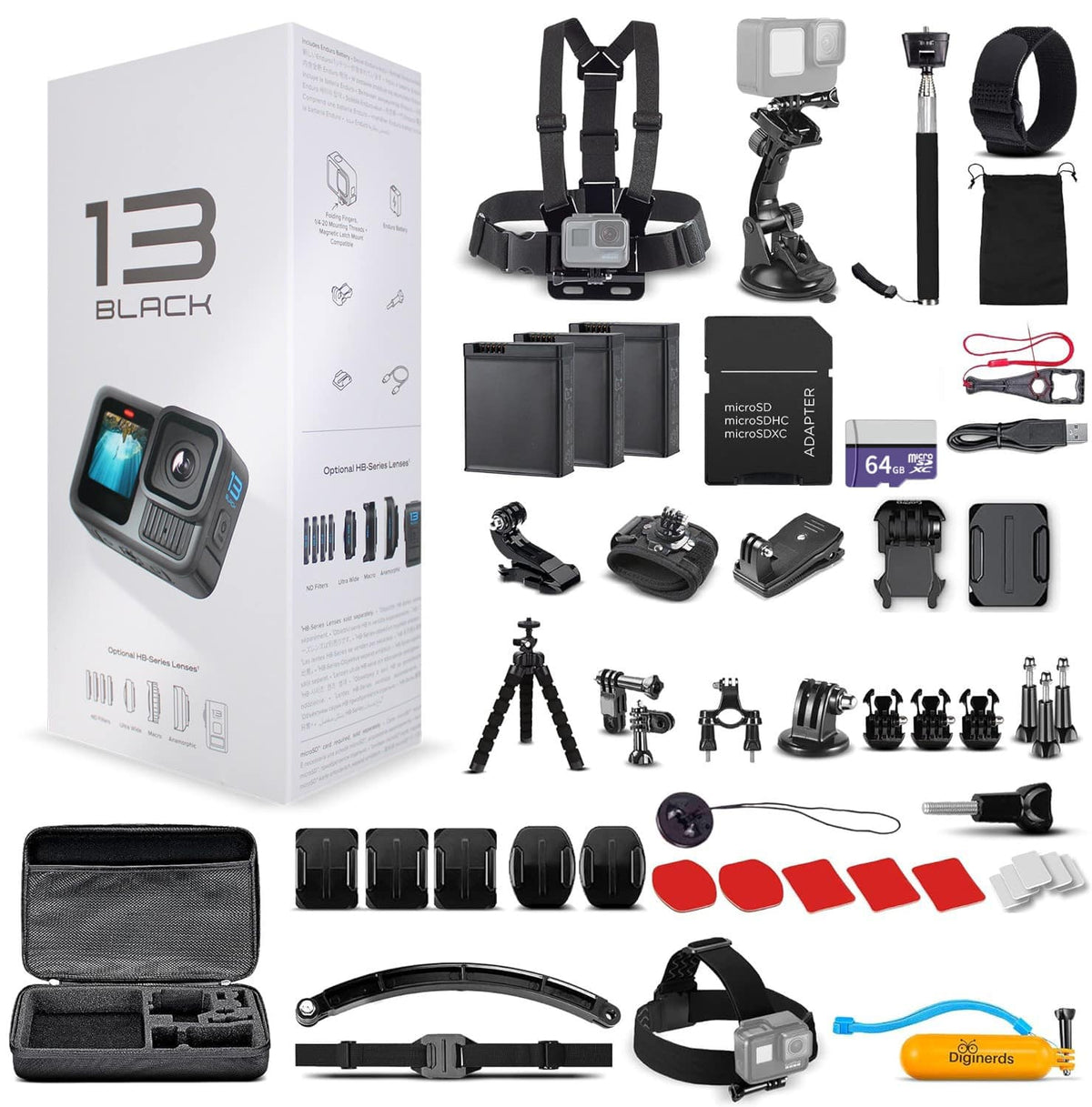 Bundle - GoPro - HERO13 - Action Camera + 64GB Card, 50 Piece Accessory Kit and 2 Batteries - Black Deluxe