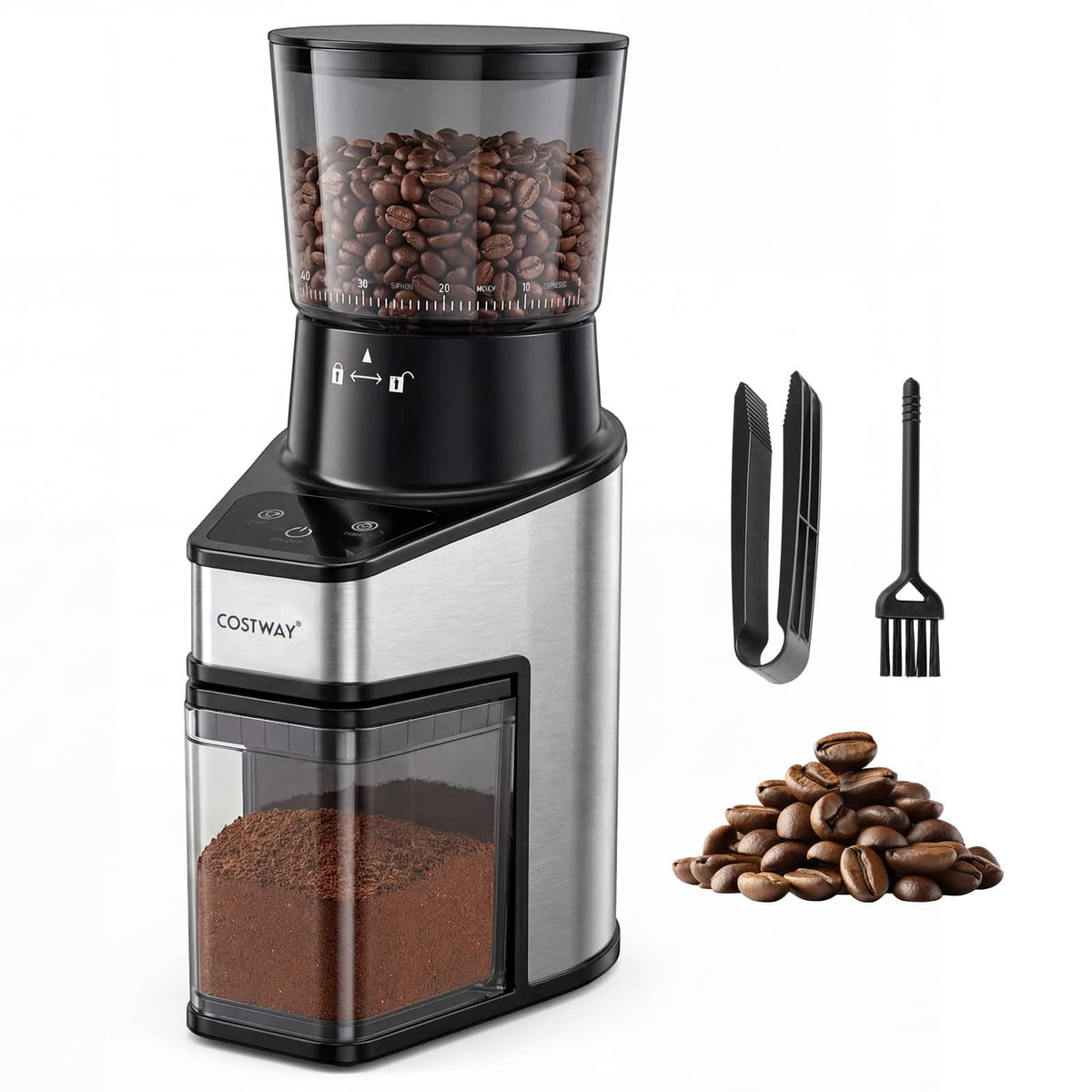 Costway - Coffee Grinder, Electric Coffee Bean Grinder with 60 Precise Grinding Settings - Silver + Black