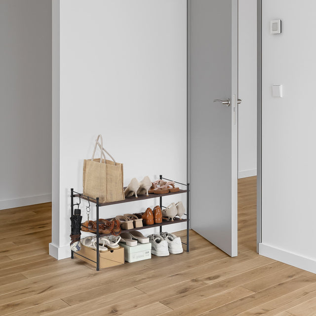 Front. Oumilen - 2-Tier Fabric Shoe Rack with Hooks, Brown - Black.