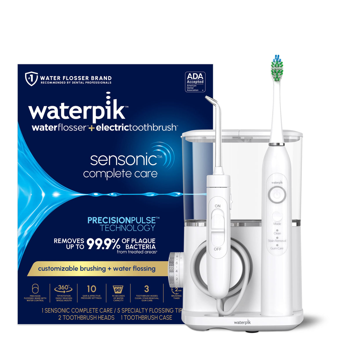 Waterpik - Sensonic Complete Care, Water Flosser and Sonic Electric Toothbrush Combo, ADA Accepted - White