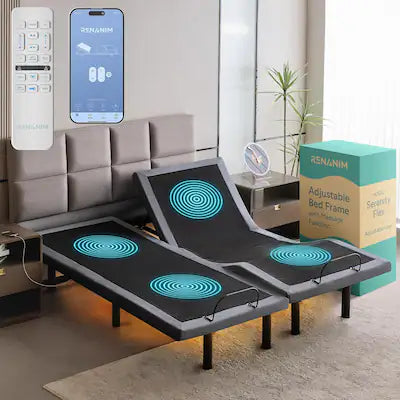 Renanim - SF Split King Adjustable Electric Bed Frame with Massage Wireless Remote, USB Ports, UnderBed Light, Zero Gravity
