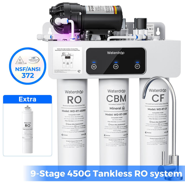I D8-150-4 - everS - memarque - Waterdrop C - WATR QUALTY - NSF/ANSI 372 RO B CF Extra waterot0 RO - Waterdrop RO Reverse Osmosis Membrane Filter Model: WD-RT-450RO Compatible - ws ORTIK-VCA 0-8734-WM - Waterdrop CBM Activated Carbon Mineral Model: WD-RT-CBM Compatible - Waterdrop CF Pre-sediment and Carbon BlockT Model: WD-RT-CF Compatible - 9-Stage 450G Tankless RO system

- Press and hold sign for 2 seconds to turn on the system.
- Remove the membrane filter and replace it.
- Remove the CBM filter and re