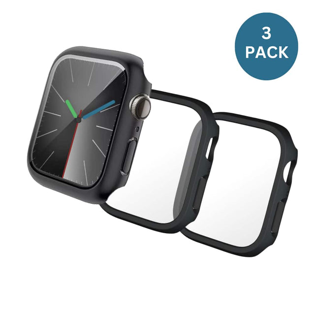 Front. Qixxronics - 3x for Apple Watch Series SE 44mm Case Cover Black, with Built-in Glass Screen Protector - Black.