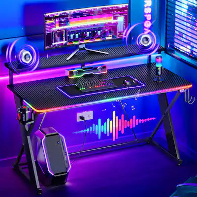 RSPGAME - 47" RGB Gaming Desk with Monitor Stand, Cup Holder & Headphone Hook