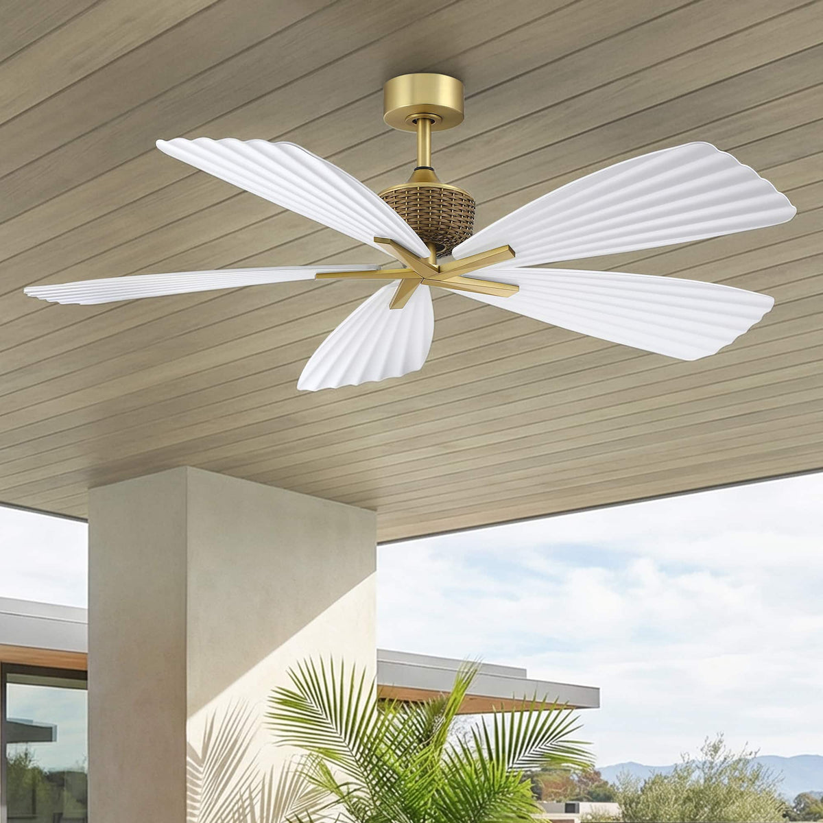 Parrot Uncle - 56" Indoor Outdoor Ceiling Fan Tropical Pleated Leaf 5-Blade with Remote Control, No Light - Gold