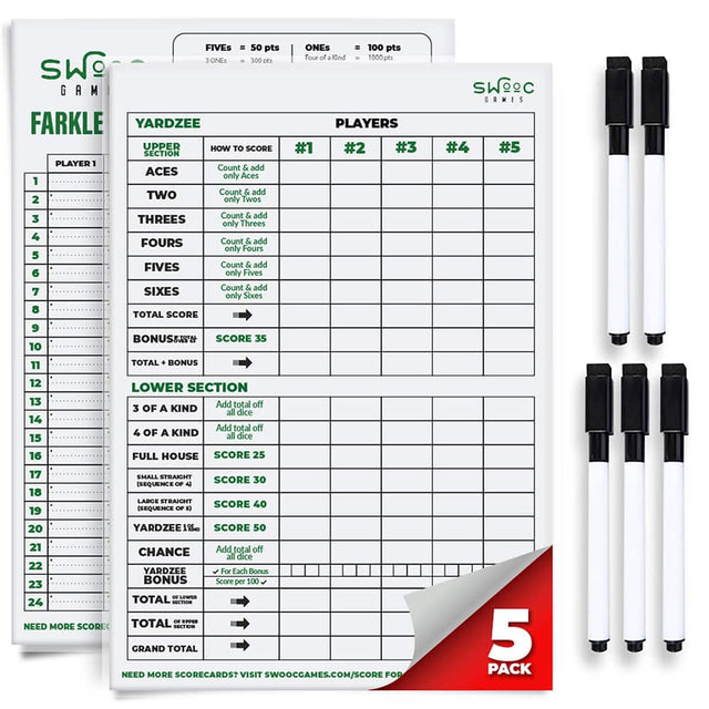 **SWOOC GAMES**

**FARKLE**

**YARDZEE**

**PLAYERS**

**#1** | **#2** | **#3** | **#4** | **#5**

**UPPER SECTION**

1. **ACES**  
   - Count & add only Aces  
   - SCORE

2. **TWOS**  
   - Count & add only Twos  
   - SCORE

3. **THREES**  
   - Count & add only Threes  
   - SCORE

4. **FOURS**  
   - Count & add only Fours  
   - SCORE

5. **FIVES**  
   - Count & add only Fives  
   - SCORE

6. **SIXES**  
   - Count & add only Sixes  
   - SCORE

**TOTAL SCORE**  
- SCORE

**BONUS**  
- SCORE 35

**T