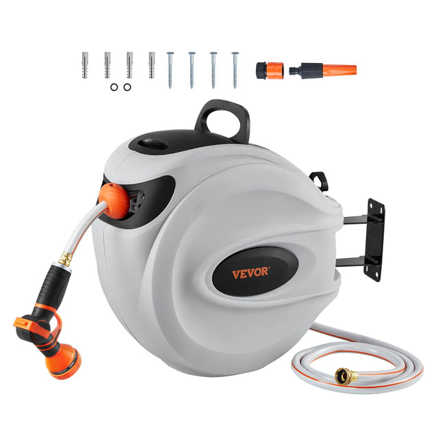 Front. VEVOR - Retractable Hose Reel, 130 ft x 1/2 inch,180° Swivel Bracket Wall-Mounted, Garden Water Hose Reel with 9-Pattern Nozzle - Dark Gray.