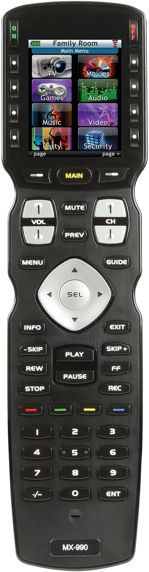 Front. Universal Remote Control - MX-990 is an IR/RF Open Architecture Remote w/Charging Base - Black.