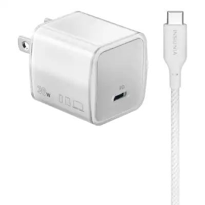 Insignia™ - 30W USB-C Compact Wall Charger Bundle with 6’ USB-C to C cable for Smartphones, Tablets and More