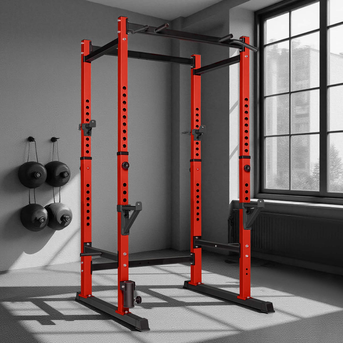 KERDOM - Heavy Duty Stable Squat Rack Height Adjustable Weight Lifting Stand Power Rack Cage Home Gym Equipment, 660lbs Capacity - Red