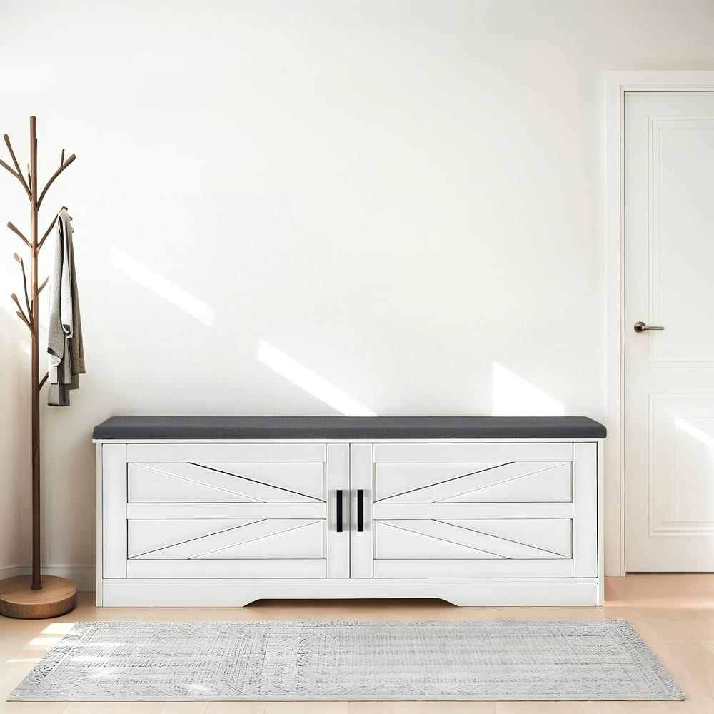 Ropilly - Farmhouse Shoe Bench with Padded Seat Cushion and Barn Doors Storage Entryway Bench - White
