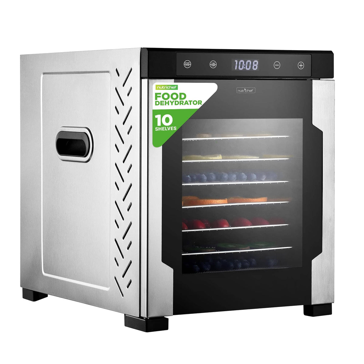 NutriChef - 900W Electric Food Dehydrator, 10 Stainless Steel Shelves, Digital Timer, Temperature Control (NCFD10S) - Silver