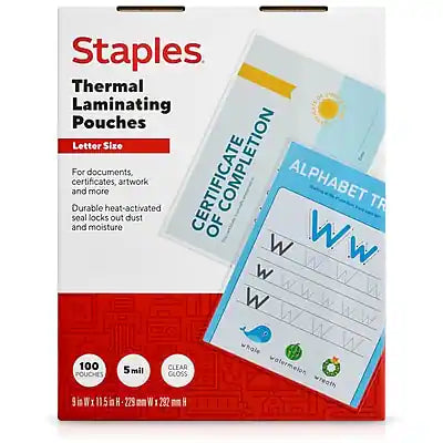 Staples - Thermal Laminating Pouches, Letter Size, 5 Mil, 100/Pack