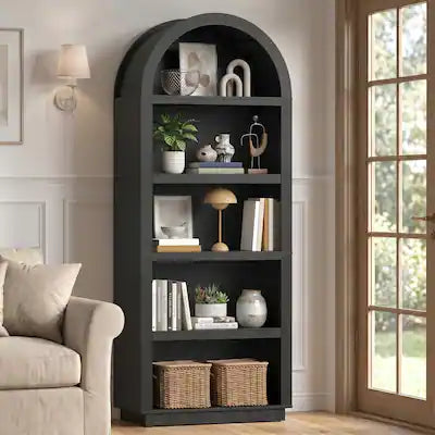 Bestier - 5-Tier Arched Bookcase, Modern Open Display Bookshelf with 2 Adjustable Shelves for Study