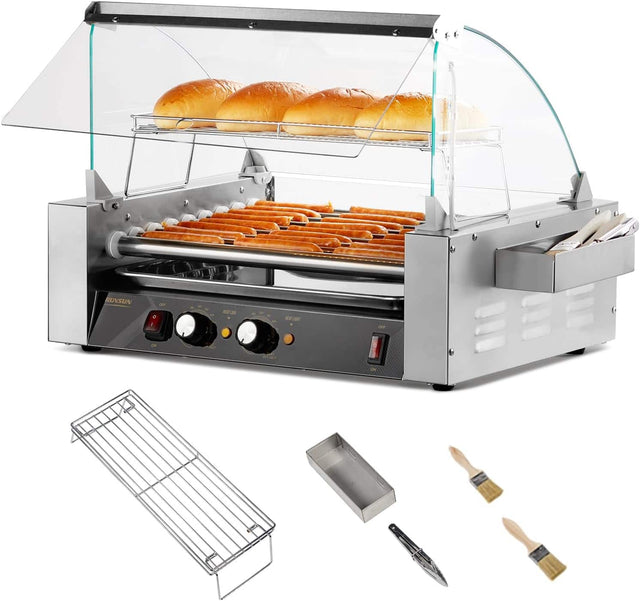 Front. Winado - Commercial Electric 24 Hot Dog 9 Roller Grill Cooker Machine with Dual Temp Control, Glass Cover, Drip Tray，LED Lighting - 也.