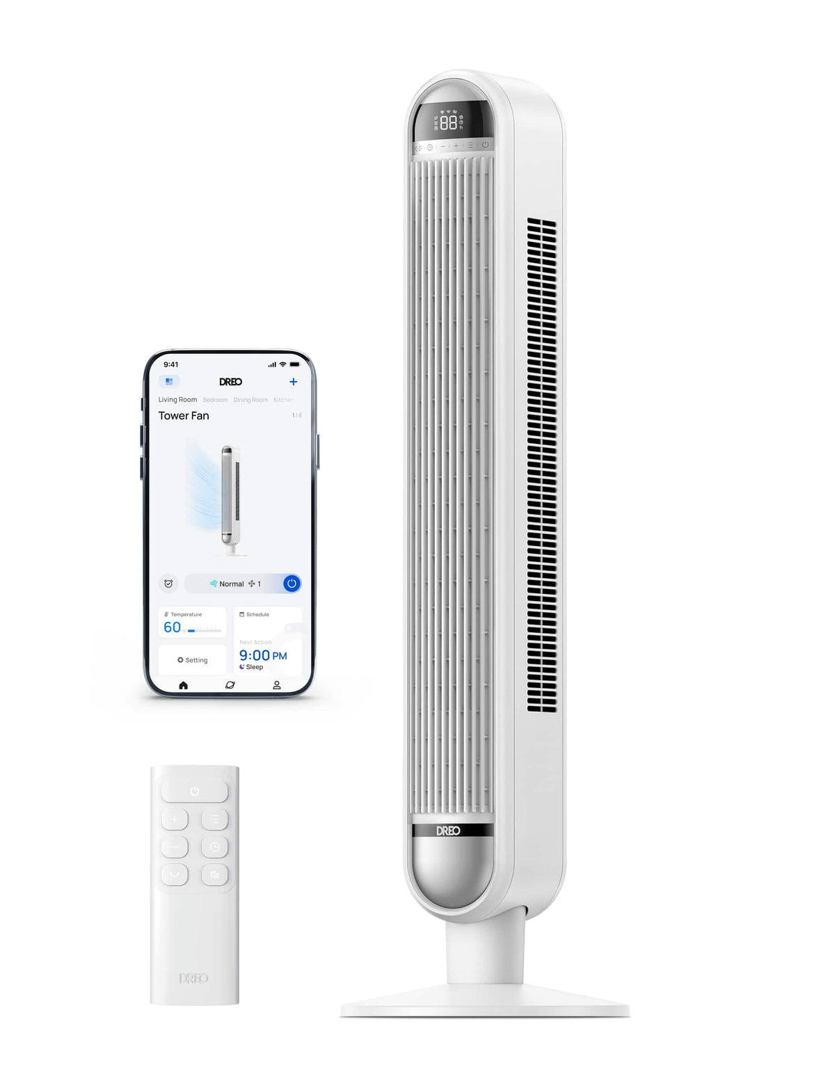 DREO - Tower Fan, 90° Oscillating Standing Fans, 24ft/s Floor fan with 6 Speeds, 4 Modes, Remote Control, 12H Timer, Quiet - White