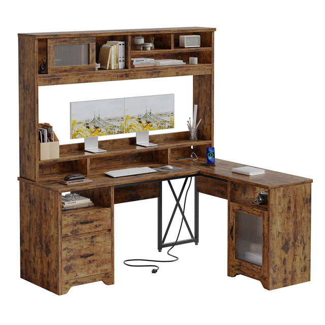 Front. Bestier - 63-inch Hutch L Shaped Desk with Monitor Stand & Drawers, LED Computer Desk with Charging Station & Cabinet - Rustic Brown.