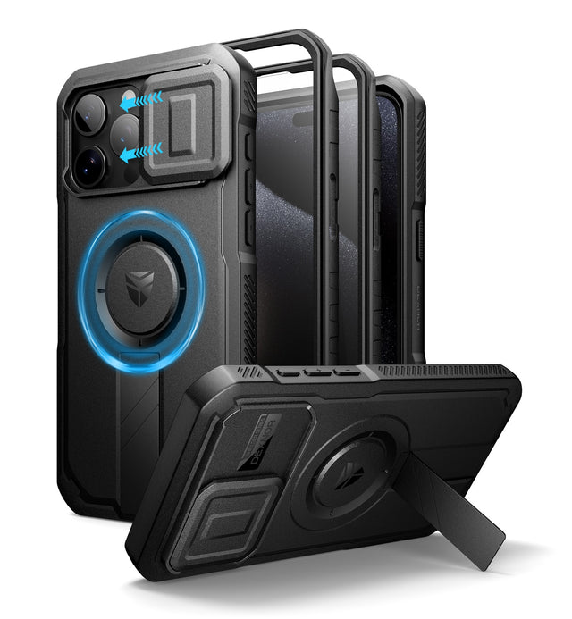 Front. Dexnor - for iPhone 15 Pro Max Case with Camera Cover, Adjustable Kickstand and Screen Protector Magnetic Cover - Black.