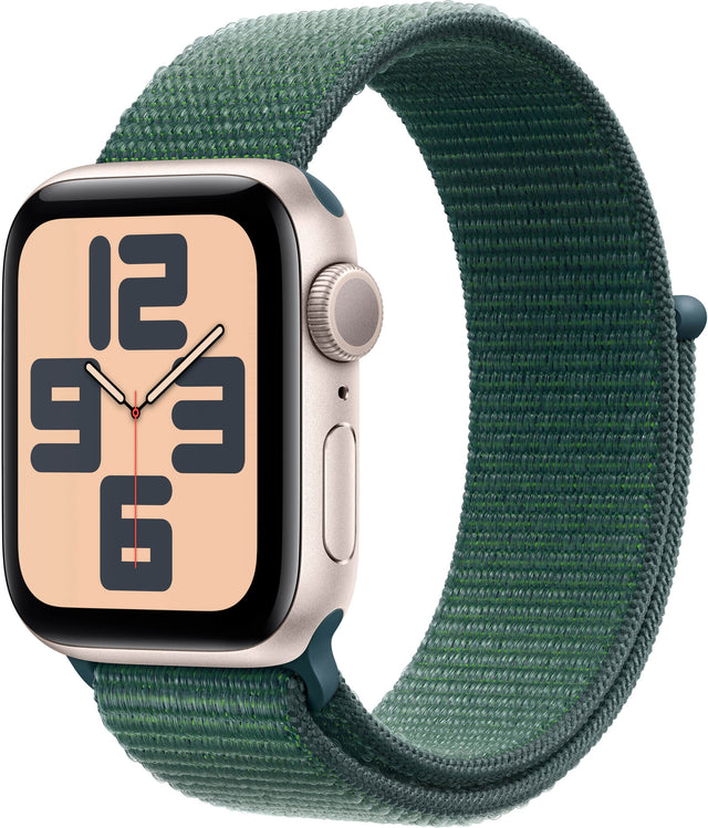 Angle. Apple - Apple Watch SE 2nd Generation (GPS) 40mm Aluminum Case with Lake Green Sport Loop - Starlight.