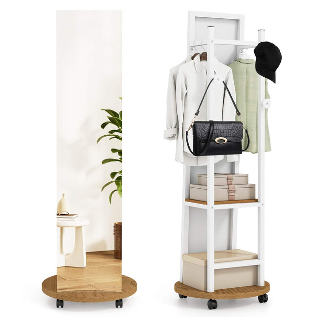 Front. Costway - Costway Coat Rack with Full Length Mirror, 3 Hooks & Storage Shelves, 360° Swivel Wheels - Natural.